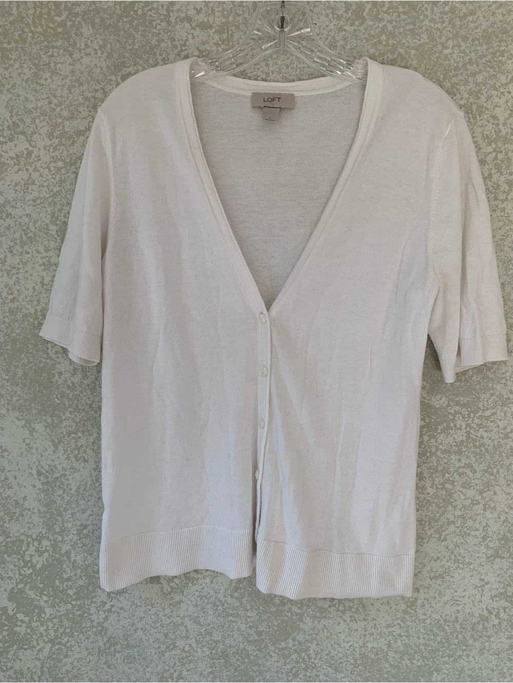 LOFT White Short Sleeve V-Neck Button Cardigan Large Office Fall Modest